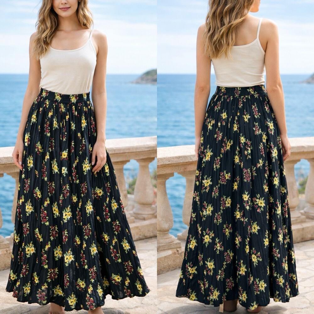 Advantage by Mary Jayne Black Floral Crinkled Maxi Skirt OS Boho Y2k Cottagecore